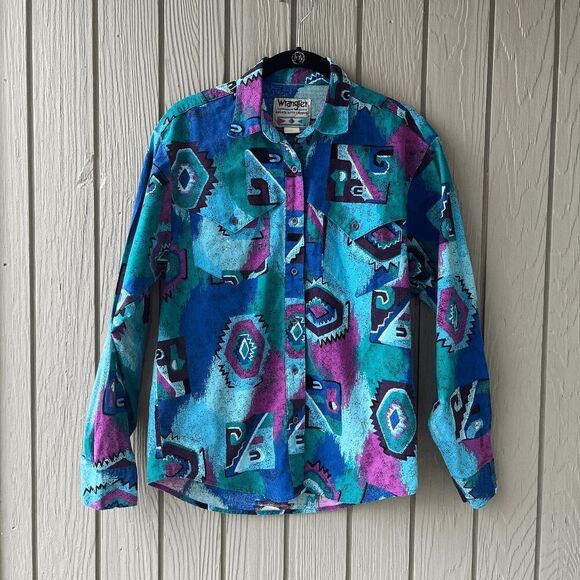 Vintage 80s/90s Wrangler Aztec Button-Up Shirt M Southwestern Cowgirl - Picture 1 of 9